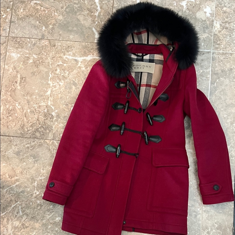 Burberry Burgundy Coat with Black Fur Hood